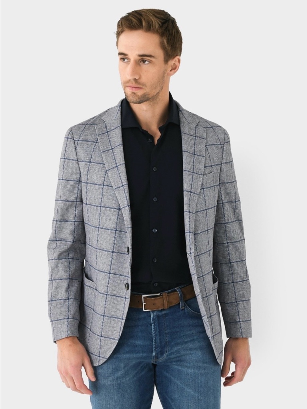 johnnie-O Grisham Woven Grey Windowpane Sport Coat with Navy Check Size 46L